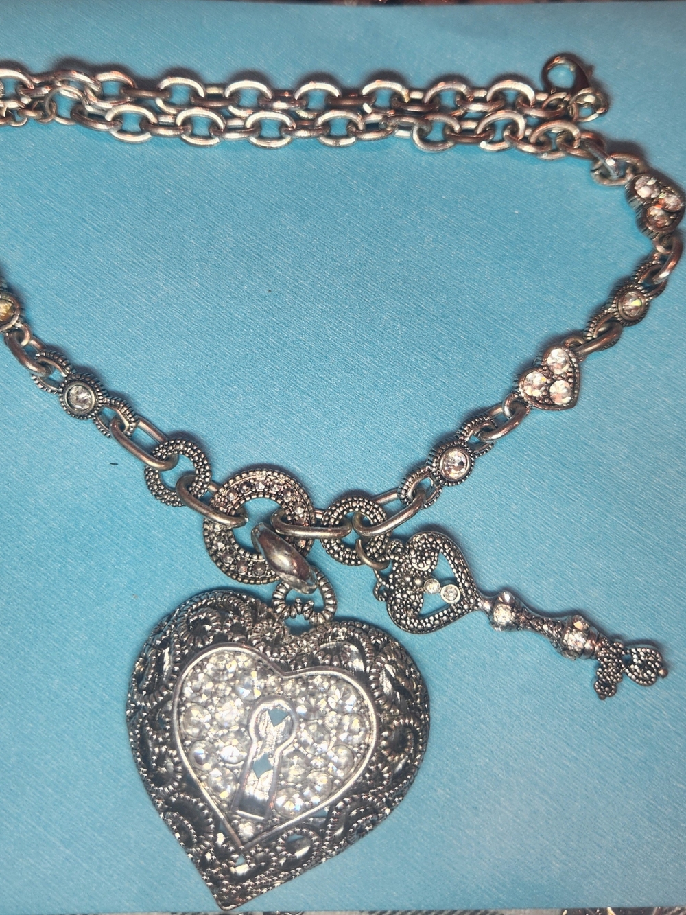 Silver Tone Heart Pendant Necklace with Key Accent Rhinestones